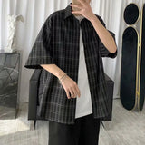 Riolio Korean Style Loose and Versatile Plaid Five-point Sleeve Shirt