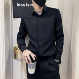 Riolio  Men's Korean Fashion Jacquard Business Casual Button Up Shirt Spring Autumn Lapel Long Sleeve Slim Solid Tops Camisas De Hombre