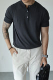 Riolio New Fashion American Style Men T-shirt Light Luxury Knitted Henry Collar Tees Casual Solid Color Short Sleeve Breathable Tops