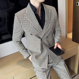 Riolio  British Style Men's Plaid Suit Double Breasted Two Piece Set Fashionable City Casual Slim Fit Regular Thickness Autumn Wear