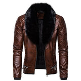 Riolio Red Men's Punk Removable Fur Collar Rivets Pressed Cotton Thick Windproof Motorcycle Leather Jacket Jacket