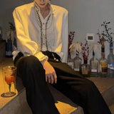 Riolio  Mens Summer Shirt Chain Cuff Lace Casual Shirt Fashion Nightclub Ballroom Youth Breathable Long-Sleeve Top Men'S Clothing