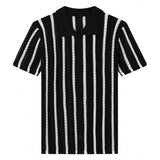 Riolio New British Business Men Striped Polo Shirt Light Luxury Hollow Out Knit Short Sleeve  T-shirts Loose Breathable Knitwear S-2XL