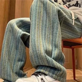 Riolio New Men's Striped Woolen Straight Leg Trousers Classic Y2K Vintage Baggy Pants Casual High Street Fashion Gym Sweatpants