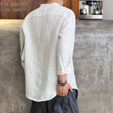 Riolio  Spring Summer New Solid Color Fashion Round Neck Shirt Man High Street Three Quarter Button Cardigan Fiberflax Breathable Tops