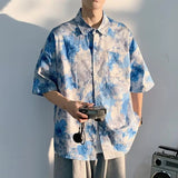 Riolio  Tie-dye Shirt Floral Short-sleeved Men Summer Trendy Thin Hong Kong Style Personalized Loose Cardigan
