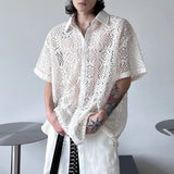 Riolio  Mens Shirts See-Through Sexy Casual Shirts Streetwear Fashion Vacation Breath Niche Short-Sleeved Tops Men'S Clothing New