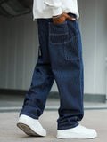 Riolio  Men's street fashion casual vertical stripe multi-pocket cargo blue jeans, with an overall design that balances between refined