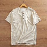Riolio Bamboo Joint Cotton Shirt Breathable Henry Neck Tough Guy Casual Short-sleeved T-shirt Men's Summer Sports Retro Top