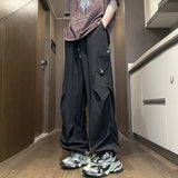 Riolio  Spring Autumn Men's Clothing Solid Color Elastic Pockets Drawstring High Waist Loose Casual Button Trousers Cargo Straight Pants