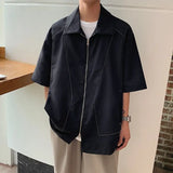 Riolio  Summer Bright Thread Splicing Short-sleeved Shirt for Men Double Zippered Cardigan