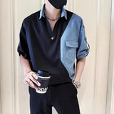 Riolio  Handsome Men's Half-sleeved Shirts Trendy and Fashionable Clothes  Men's Short-sleeved Denim Splicing Tops  Men