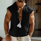 Riolio  Summer Cotton Linen Sleeveless Hooded Shirt For Men Loose Casual Solid Breathable Pullover Tops Men's Tassel Decoration Tank Top