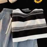 Riolio Japanese Summer Retro Men and Women Trend Striped Round Neck Short Sleeved Couple Loose Personality Casual T-shirt Harajuku Top