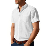 Riolio Summer New Solid Color Linen Men's Shirt Turn-down Collar Short Sleeve Men's Loose Casual Pocket Outdoor Vacation Shirt