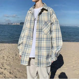 Riolio  Plaid Long-sleeved Shirt for Male Students Trendy Casual and Handsome Loose Shirt Jacket