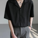 Riolio  Men Casual Cuban Collar Short Sleeve Shirt Vertical Striped Textured Loose Fit Button Down Shirt For Daily Streetwear