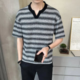 Riolio  Fashion Men Striped Contrast Color Loose Knit Sweater T-shirts Trendy Casual Short Sleeves Pullover Male Summer