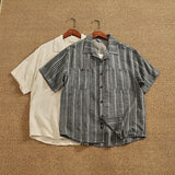 Riolio Retro high street lapel short-sleeved shirt men's cotton and linen blend dark pattern jacquard loose trendy summer shirt
