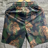 Riolio  Camouflage Tiger Pattern Men Fashionable Breathable Dark Green Waist Drawstring Beach Shorts