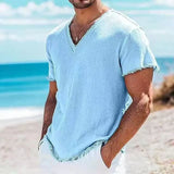 Riolio  Summer Fashion Men Cotton Linen Shirts Vintage Solid Casual Loose Tassel Tops V-neck T-shirts Short Sleeve Tees Shirts For Male