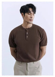 Riolio New Fashion American Style Men T-shirt Luxury Striped Knitted Henry Collar Tees Casual Solid Color Short Sleeve Breathable Tops