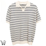 Riolio American summer high street men and women trendy striped lapel short sleeved couple loose hip-hop casual Harajuku T-shirt y2k