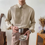 Riolio  France England Style Men Shirts New Autumn Solid Lapel Button Pleated Korean Fashion Chic Business Casual Loose Long Sleeve Tops