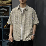 Riolio  Mens Beige White Plaid Short Sleeve Shirt Button Down Loose Fit Chest Pocket Casual Work Shirt