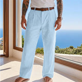 Riolio  Solid Color Pleated Linen Suit Pants For Men Elastic High Waist Straight Wide Leg Trousers Summer Office Casual Beach trousers