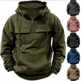 Half Zipper Men's Hoodies Solid Warm Fleece Sweatshirts Multi Pockets Male Hooded Jackets Thick Outdoor Polar