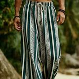 Riolio  Vacation Men Striped Beach Pants Bohemian Geometric Pattern Drawstring Loose Wide Leg Trousers Summer Casual Resort Wear