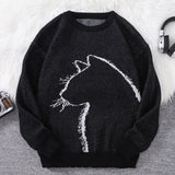 Riolio  New Popular Autumn and Winter Simple Kitten Jacquard Double-Sided Pattern Pullover Sweater Casual Round Neck Knitted Men's Pullover