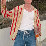 Riolio  Fashion Stitching Contrast Knitted Cardigan Men's Lapel Collar Niche Design Retro Sweater Unisex Coat Versatile Striped Knitwear