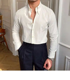 Riolio Spring Leisure British Business Shirt Design British Men Cuba Collar Slim Solid White Shirt Camisa Social Masculina Men Shirt