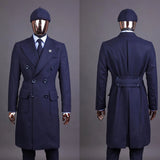 Riolio  Navy Blue Men's Suit One Piece Long Coat Double Breasted Peaked Lapel Business Overcoat SlimWedding Groom Tailored Costume Homme