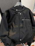 Riolio American Retro Pattern PU Leather Short Jacket Men Women Vintage Deconstructed Atmosphere Casual Couple Trendy High-end Jacket