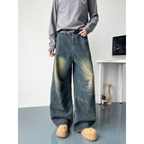 Riolio  Mens Jeans 2025 Autumn Fashion Loose Blue Washed Denim Pants with Knee Wrinkles Back Pocket Patchwork Design Denim trousers