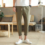 Riolio  Summer New Solid Color Elastic Waist Casual Ankle Length Pants Man Drawstring Pockets Fashion Casual Straight Trousers