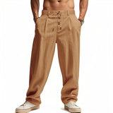 Riolio  Men's High Waist Linen Wide Leg Pants with Button Detail Elastic Drawstring Casual Trousers for Men