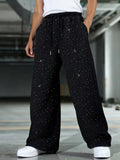 Riolio  Mens Loose Fit Star Rhinestone Embellished Sweatpants Casual Wide Leg Pants For Streetwear Festival