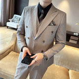 Riolio  New Men's Double-Breasted Three-Piece Suit Elegant Business Style Casual Fashion Urban Spring Season Slim Fit Metal Decoration