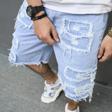 Riolio Summer Men High Street Ripped Patch Denim Shorts Stylish Solid Casual Male Straight Jeans Shorts