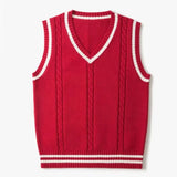 Riolio  Striped White Knitted Sweaters for Men Blue Sleeveless Man Clothes V Neck Vest Red Waistcoat Jumpers Sweat-shirt Cigaret Cotton