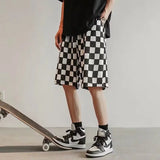 Riolio  Checkerboard Casual Men Summer Thin American Retro Sports Straight Five-point Pants