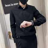 Riolio  Men's Korean Fashion Jacquard Business Casual Button Up Shirt Spring Autumn Lapel Long Sleeve Slim Solid Tops Camisas De Hombre