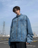 Riolio New High Street Men's Zip-up Denim Jackets Casual Washed Streetwear Stand Collar Texture Korean Harajuku Retro Long Sleeve Coats