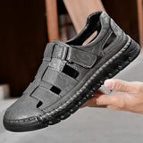 Riolio  Summer Men Genuine Leather Outdoors Sandals Casual Leather Hollow Soft Bottom Breathable Soft Sole Shoes Classic Fashion Sandals