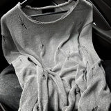 Riolio  Mens Ripped Knitted Nightclub T-Shirt Streetwear Fashion Personality Hollow Trend Casual Long-Sleeve Top Men'S Clothing New