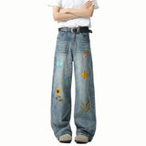Riolio  Washed Embroidered Jeans Loose Fit Straight Wide Leg Casual Denim Pants Fashion Trendy Streetwear Trousers Comfort